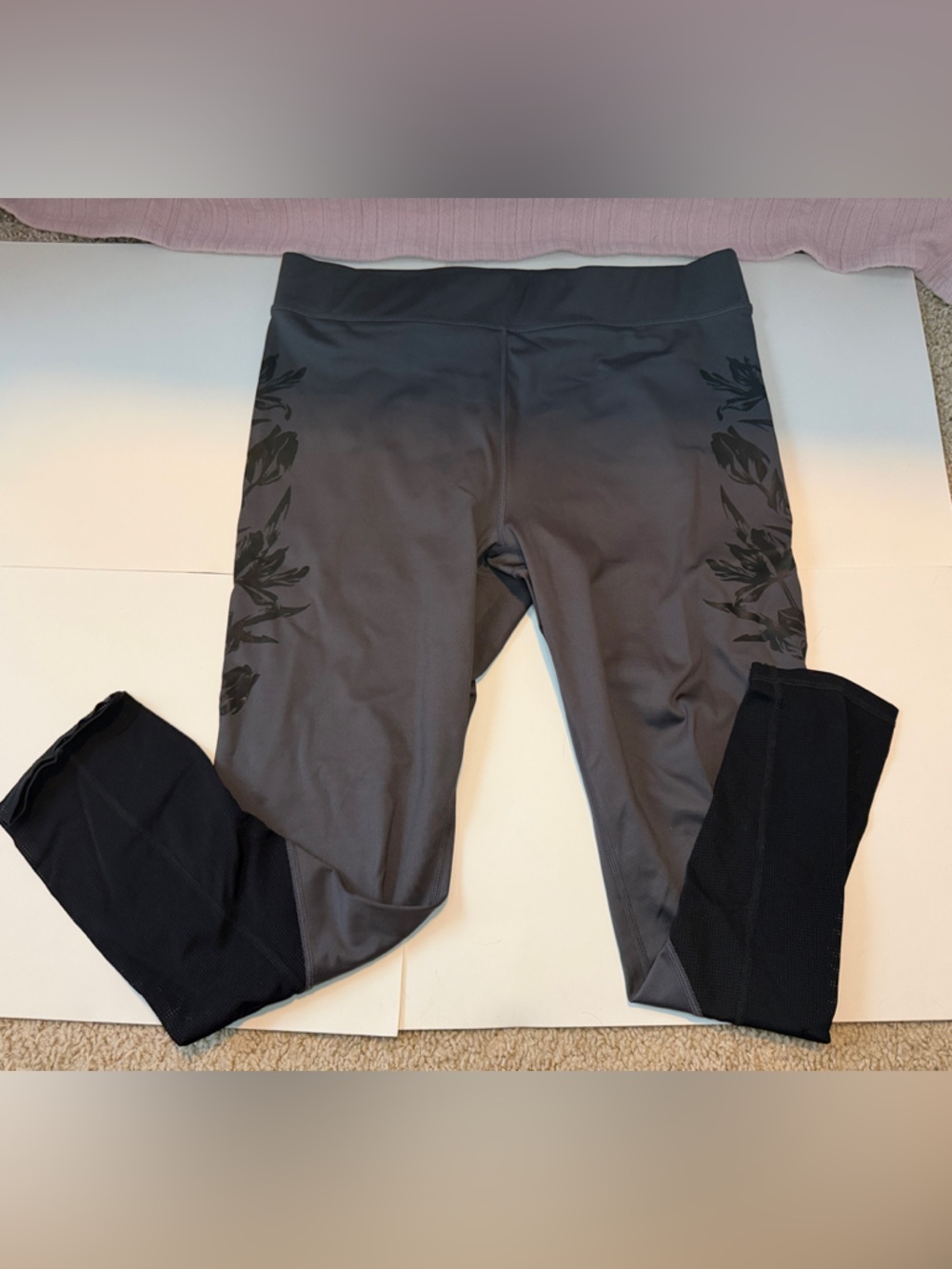 Fabletics Gray Athletic Leggings with Black Mesh Accents